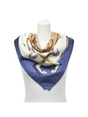 Hermes Scarf Navy Ivory Brown Twill Silk